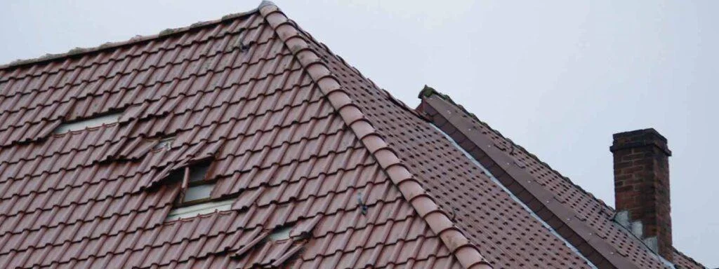 Rood pannendak met stormschade, waardoor het dak lekt.