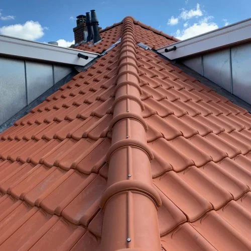 Hoek van een pannendak met aan beide zijden een dakkapel en nokvorsten die naar beneden lopen in de overgang van de hoek.