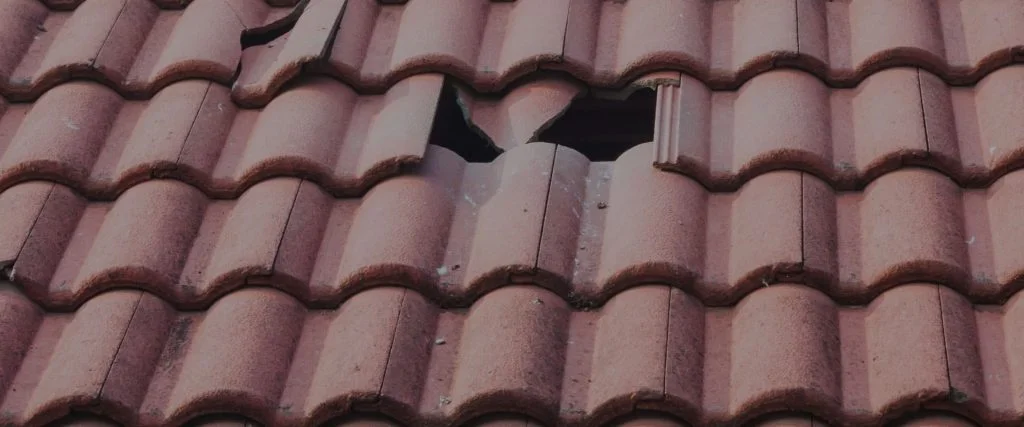 Rood pannendak met enkele ontbrekende en gebroken dakpannen.