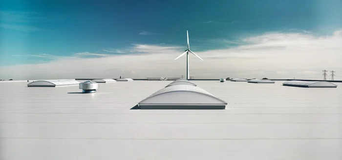 Groot plat dak met PVC-dakbedekking en lichtstraten, met een windmolen op de achtergrond.